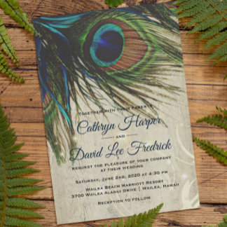 Rustige  houtmarine Turquoise Peacock Wedding Kaart
