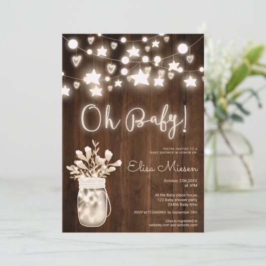 Rustige houtsnaarlampen mason jar Oh baby shower Kaart (Staand voorkant)