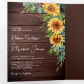 Rustige houtzonnebloemen Eucalyptus QR Code Wedden Drieluik Uitnodiging (Binnenzijde eerst)