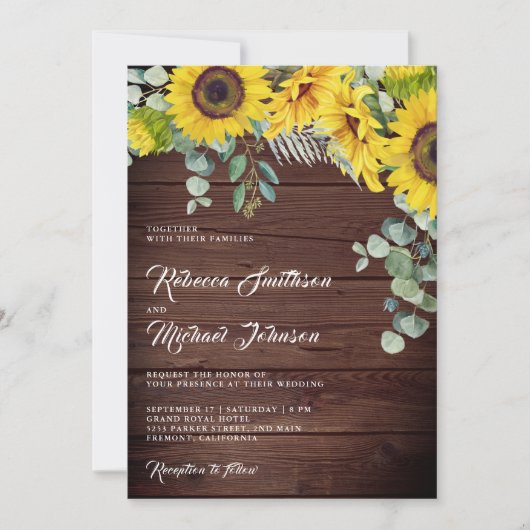 Rustige houtzonnebloemen Eucalyptus QR Code Wedden Kaart (Voorkant)