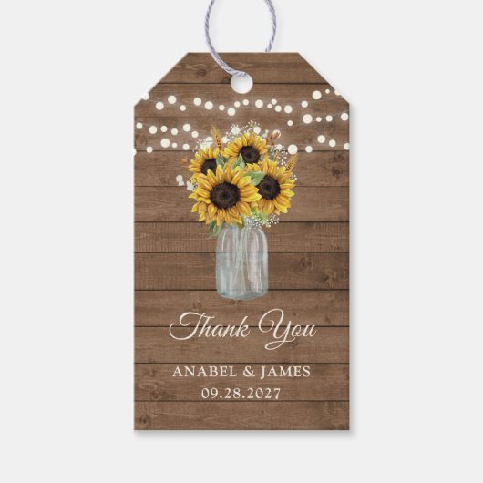 Rustige houtzonnebloemen Mason Jar Gift Label Cadeaulabel (Voorkant)
