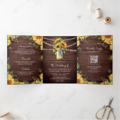 Rustige houtzonnebloemen Mason Jar QR Code Weddens Drieluik Uitnodiging (Binnen)