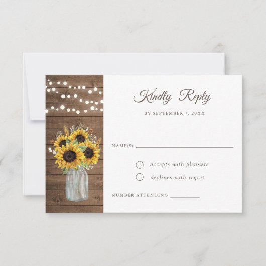 Rustige houtzonnebloemen Mason Jar Wedding RSVP Kaart (Voorkant)