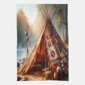 Rustige inheemse Indiase tipi bij een serene rivie Theedoek (Verticaal)