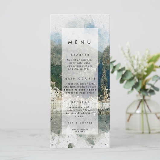 Rustige Italiaanse Amalfi-trouwmenkkaarten Menu (Staand voorkant)