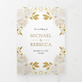 Rustige Ivory Floral Gold Glitter QR Code Weddensc Drieluik Uitnodiging (Cover)