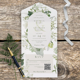 Rustige Ivy Ferns & Greenery White QR Code All In One Uitnodiging