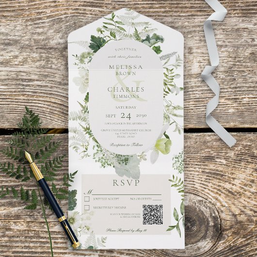 Rustige Ivy Ferns & Greenery White QR Code All In One Uitnodiging