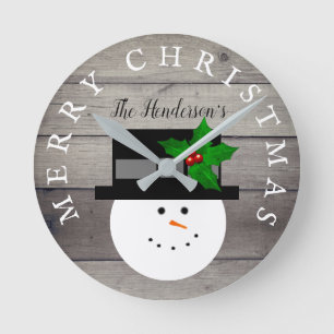Rustige kerst Farmhouse Faux Wood Snowman Ronde Klok