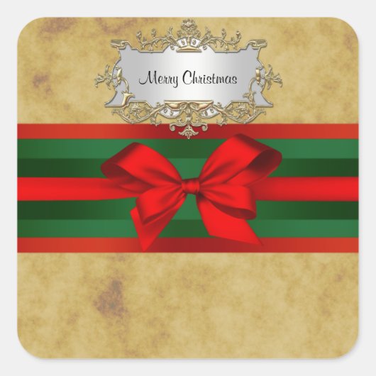 Rustige kerst, rood en groen lint vierkante sticker (Voorkant)