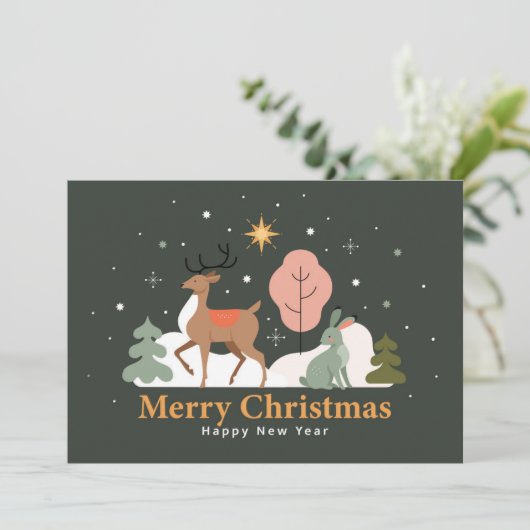 Rustige kerstavond met rendieren en konijn feestdagenkaart (Staand voorkant)