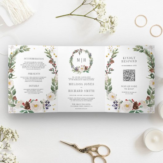 Rustige kerstbeker monogram QR Code Weddenschap Drieluik Uitnodiging