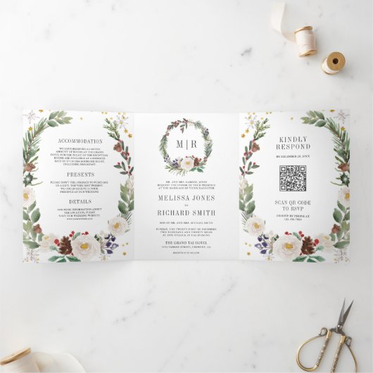 Rustige kerstbeker monogram QR Code Weddenschap Drieluik Uitnodiging (Binnen)