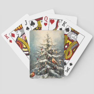 Rustige Kerstboom in de Winter Sneeuw Rode Vogels  Pokerkaarten