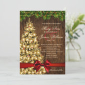 Rustige kerstbruiloft, licht en rood lint kaart (Staand voorkant)