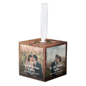 Rustige kerstmis met barnhout, foto kubus ornament (Voorkant hoekig)