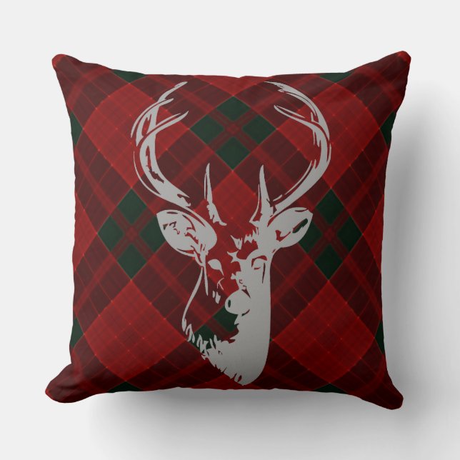 Rustige Kerstmis Tartan Pattern Land Deer Head Kussen (Voorkant)