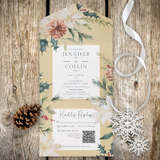 Rustige kerstpine Gold QR-code All In One Uitnodiging