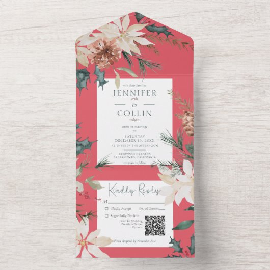 Rustige kerstpine rode QR-code All In One Uitnodiging (Binnen)