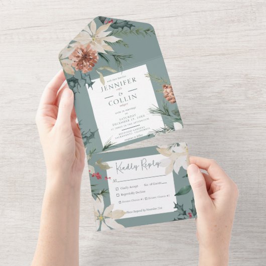 Rustige kerstpine Sage Green Dinner All In One Uitnodiging (Afscheurbaar)