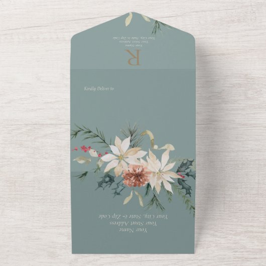 Rustige kerstpine Sage Green QR-code All In One Uitnodiging (Buitenkant)