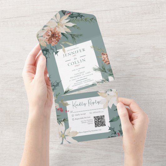 Rustige kerstpine Sage Green QR-code All In One Uitnodiging (Afscheurbaar)