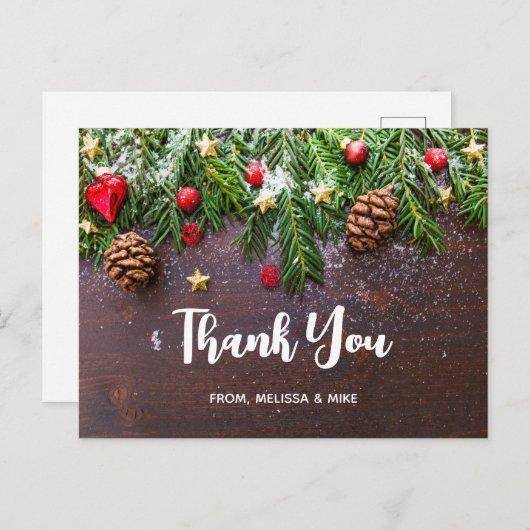 Rustige kersttafel met pine & sneeuw Dank u Briefkaart (Voorkant / Achterkant)
