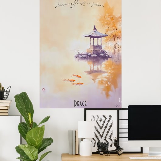 Rustige Koi Pond en Pagoda Wall Art Poster (Thuiskantoor)