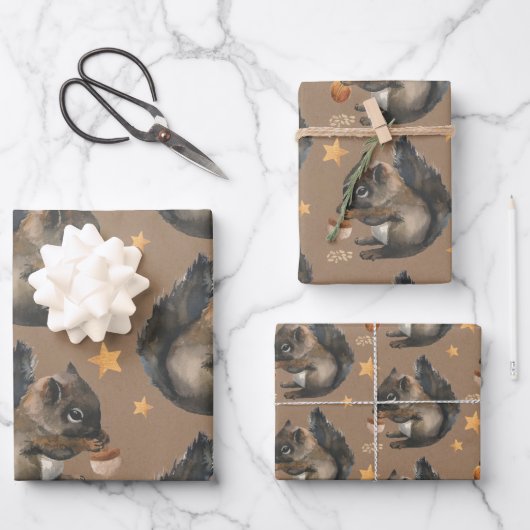 Rustige Kraft Squirrels & Gold Stars Inpakpapier Vel (Voorkant)