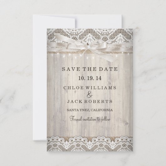 Rustige  Lace Wood Wedding Save the Date (Voorkant)