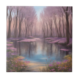 Rustige Lake Scene met Waterverf Wildflowers Tegeltje