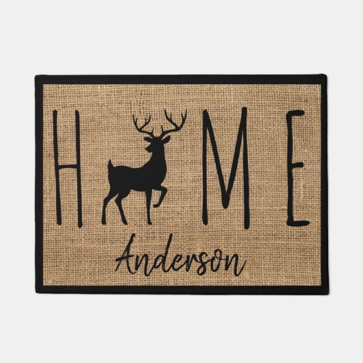 Rustige Land Faux Burlap Buck Familienaam Deurmat (Voorkant)