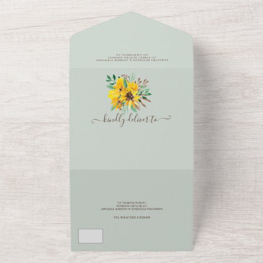 Rustige land waterverf script zonnebloem bruiloft all in one uitnodiging (Buitenkant)