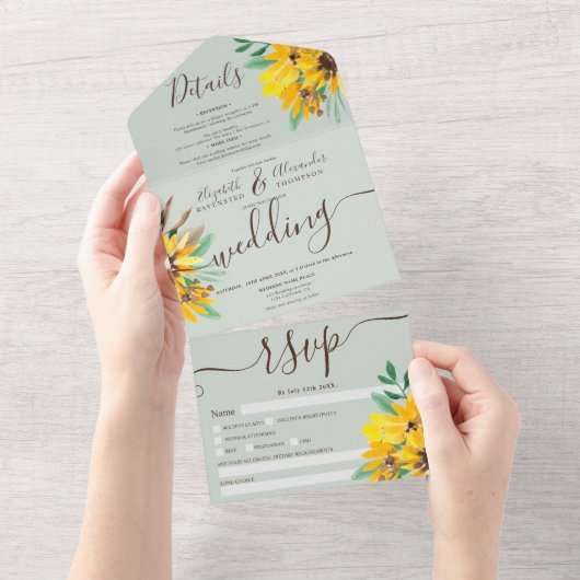 Rustige land waterverf script zonnebloem bruiloft all in one uitnodiging (Afscheurbaar)