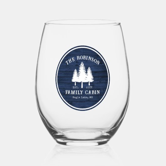 Rustige landengezinscabine Trees Blue Wood Print Wijnglas Zonder Voet (Voorkant)