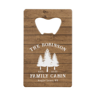 Rustige landengroep Cabin Trees Wood Plank Afdrukk Kredietkaart Flessenopener