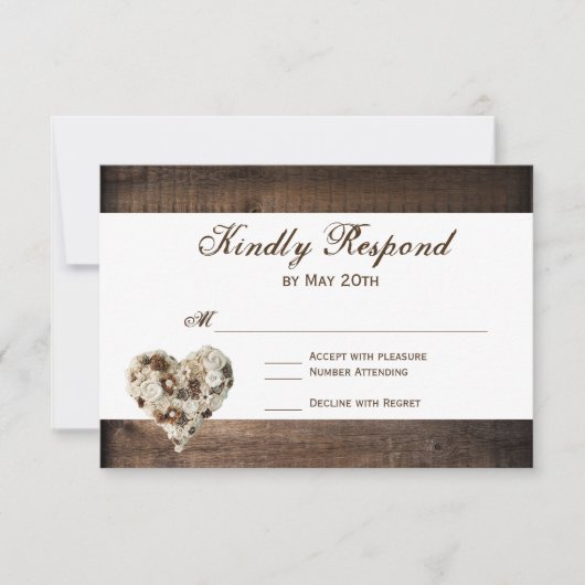 Rustige landhouten bloem Heart Wedding RSVP (Voorkant)