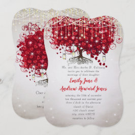 Rustige landmoeras Jar Red en Silver Tree Wedding Kaart