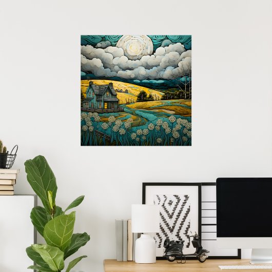 Rustige landschap met charmante boerderij poster (Thuiskantoor)