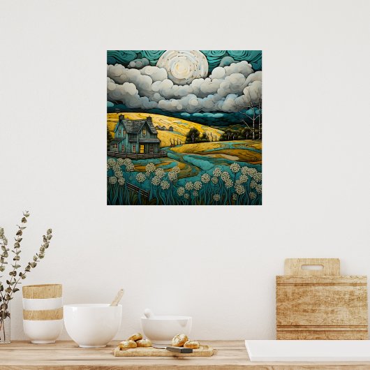 Rustige landschap met charmante boerderij poster (Keuken)