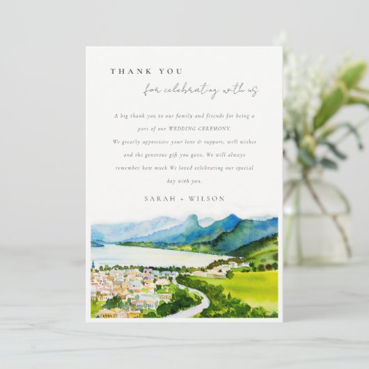 Rustige landschapsbruiloft bij het meer van het do bedankkaart (Staand voorkant)