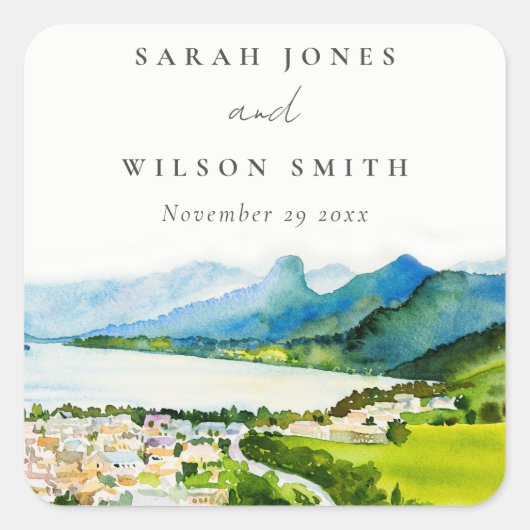 Rustige landschapsbruiloft bij het meer van het do vierkante sticker (Voorkant)