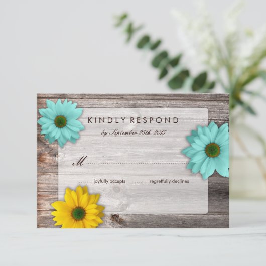 Rustige landschuur met gele en Blauwgroen Daisy RS RSVP Kaartje (Staand voorkant)