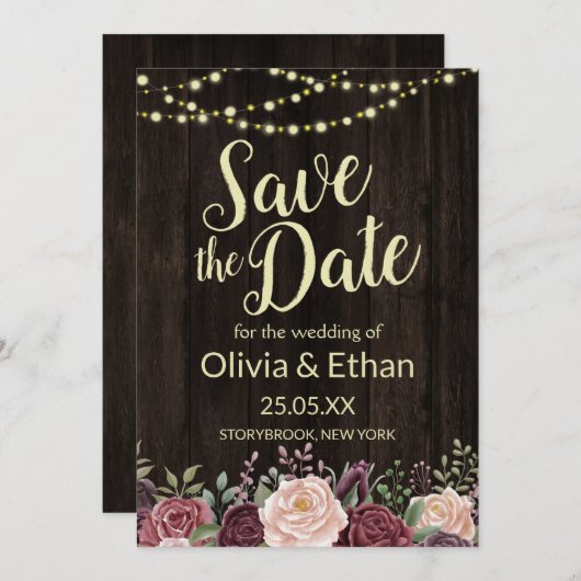 Rustige landsinflasappellampjes met donkerrood hou save the date (Voorkant / Achterkant)