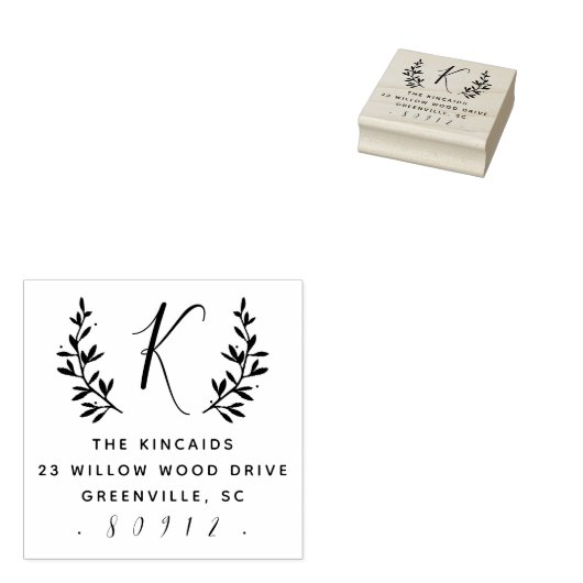 Rustige laurelscript monogram retouradres 	rubberstempel (Gestempeld)