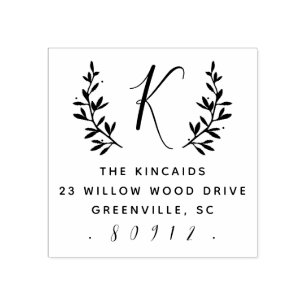 Rustige laurelscript monogram retouradres 	rubberstempel