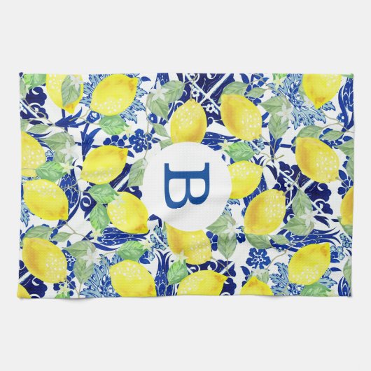 Rustige Lemons en Blauwe Floral | Monogram Theedoek (Horizontaal)