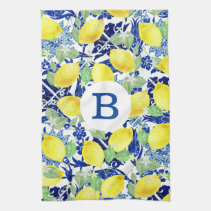 Rustige Lemons en Blauwe Floral   Monogram Theedoek