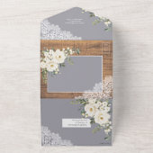 Rustige lichte, grijze, witte, houten bruiloft all in one uitnodiging (Buitenkant)