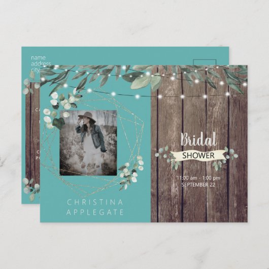 Rustige lichten en houtofoto Turquoise-Vrijgezelle Uitnodiging Briefkaart (Voorkant / Achterkant)